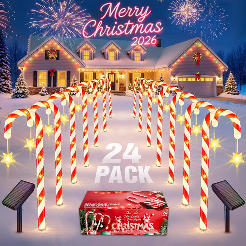 Solar Christmas Lights Outdoor Decorations: 24-Pack Candy Cane Pathway Lights with 10