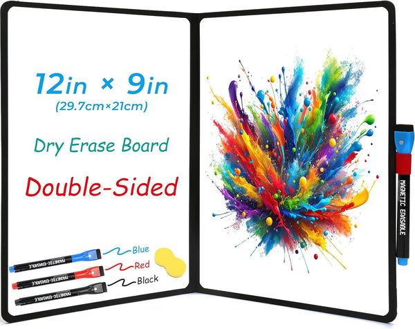 Double-Sided Whiteboard - Portable 12" x 9" Dry Erase Boards with 3 Markers, Eraser, and Red Elastic Pen Tray