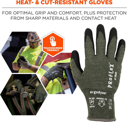 Ergodyne ProFlex 7042 Cut Resistant Work Gloves, ANSI A4, Contact Heat Resistant, Sandy Nitrile Coated Palms, 18g Aramid , Green