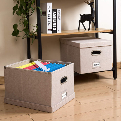 PRANDOM File Organizer Box - 1 Set of Collapsible Decorative Linen Storage with Lids for Letter/Legal Size, Light Grey