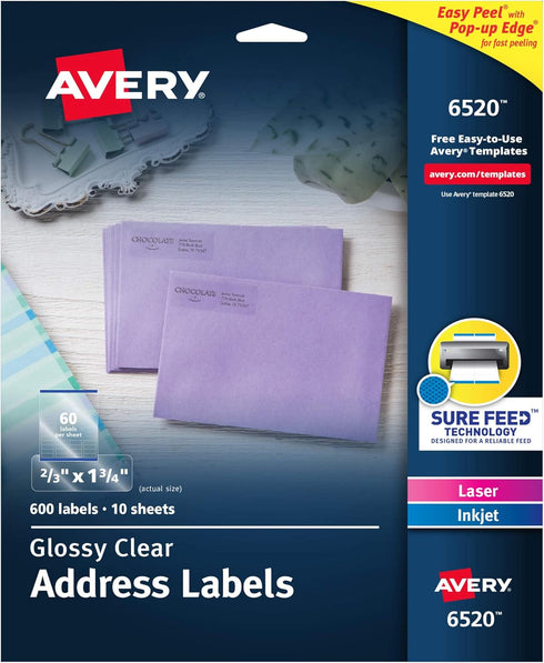 Avery Printable Return Address Labels with Sure Feed - 2/3" x 1-3/4", Glossy Clear, 600 Blank Mailing Labels