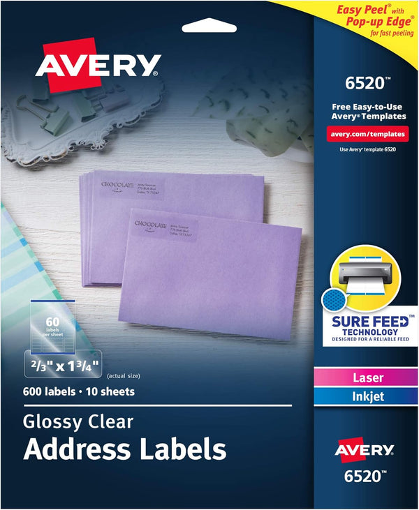 Avery Printable Return Address Labels with Sure Feed - 2/3" x 1-3/4", Glossy Clear, 600 Blank Mailing Labels