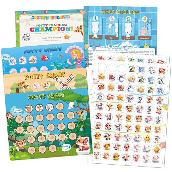 JIXZEN Potty Training Chart with 3 Animal Themes Potty Training Stickers, Fun Potty