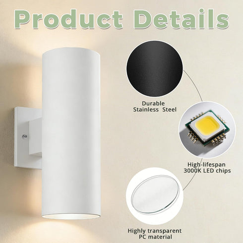 12'' 23W 3000K IP65 2 Pack Outdoor Wall Lights, Up and Down LED Cylinder Exterior Lighting Fixtures, Waterproof Wall