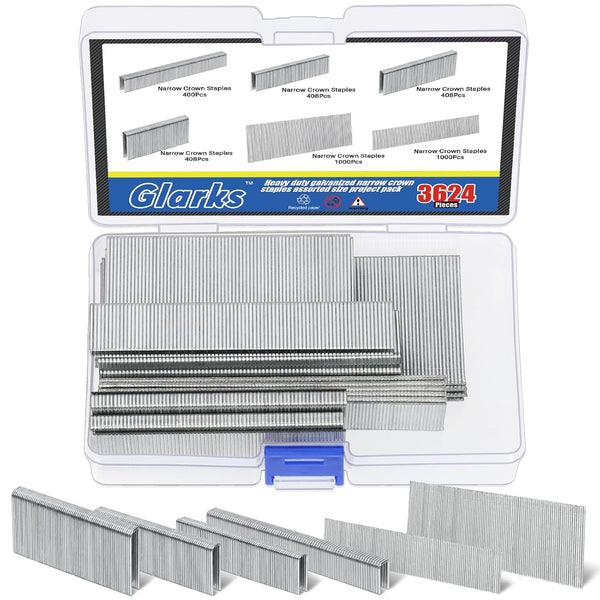 Glarks 3624Pcs 18 Gauge Narrow Crown Staples, 4 Sizes Galvanized Crown Narrow Staples Assortment Kit