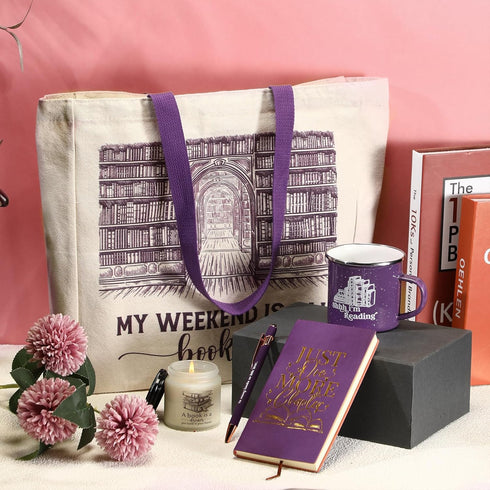 Set of 5 Book Lovers Gifts for Library Lovers' Day, A6 Journal Notebook with Ballpoint Pen, Canvas Tote Bag, Enamel