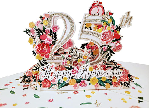iGifts And Cards Happy 25th Milestone Anniversary 3D Pop Up Greeting Card - Soulmates, Lovebirds, Silver,
