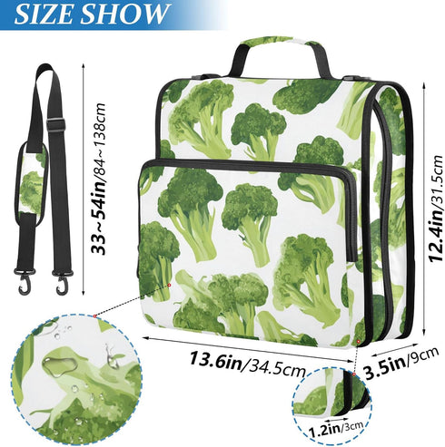 Fisyme 3 Retro Broccoli Zipper Binder Ring with Zipper and Shoulder Strap Large Capacity Multi-Pocket Binder Organizer