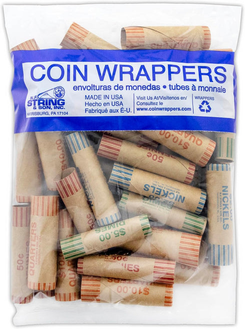 BAZIC Coin Wrappers Rolls, Assorted Quarter Dime Nickel Penny, Made in USA, Durable Preformed Paper Tubes (36/Pack)