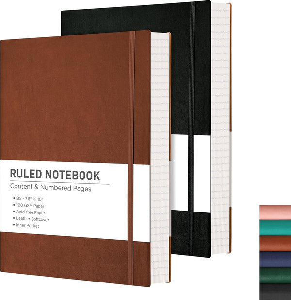 RETTACY Journaling Notebooks, 2-Pack, B5 College Ruled, 204 Numbered Pages, Leather Softcover, 7.6" × 10" (Black &