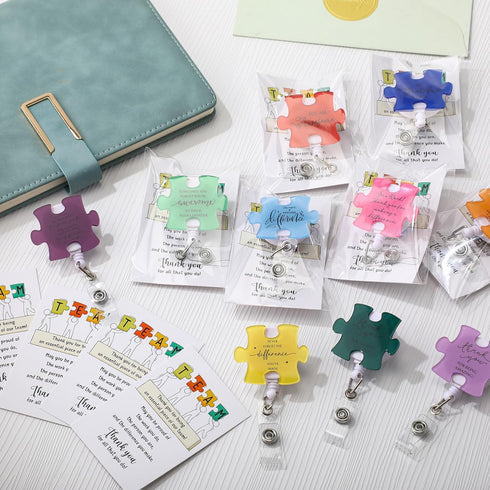 ReliThick 40 Set (10 Employee Appreciation Gifts Bulk, Puzzle Badge Reel with Thank You Cards, Retractable ID Badge