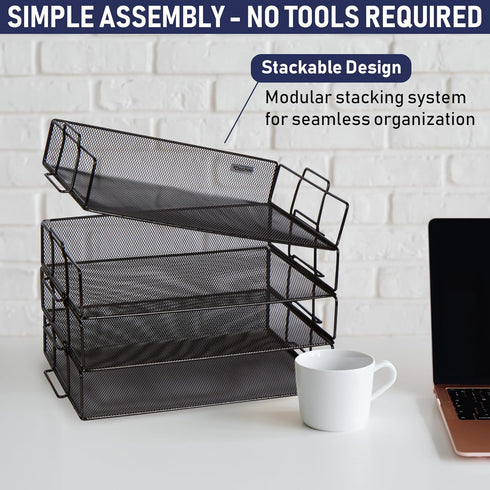 Stackable Paper Tray Desk Organizer - 4-Tier Metal Mesh Letter Organizers for Business, Home, School, Multi-Functional