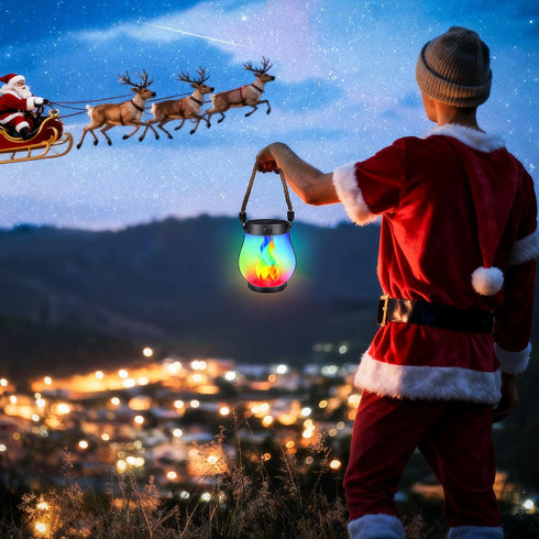 2 Pack 2 iBaycon Solar Lanterns Lights, Christmas Flickering Flame Garden Lights with Modes Dual Charging USB & Solar