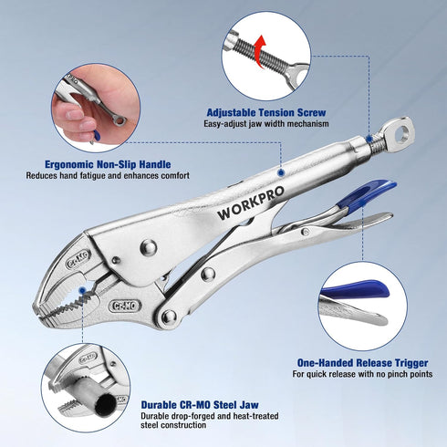 5-Piece Set, 5"/7"/10" 6.5"/9.5" WORKPRO Locking Pliers Curved Jaw & Long Nose, CR-MO Steel Construction