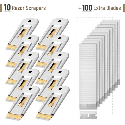 10 Pack, 100 Bates- Metal Razor Blade Scraper Tool, Extra Blades, Stainless Steel Heavy-Duty Cleaning Razor Scraper