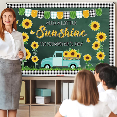 ZOIIWA Sunflower Bulletin Board Decorations, Summer Truck Back to School Set with Black Plaid Borders Wall Decor