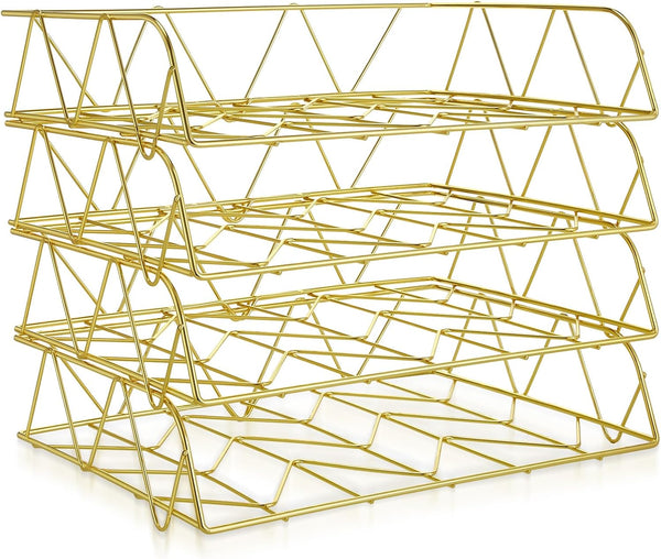 Yeaqee 4 Tier Stackable Paper Tray, Gold Desk Organizer Rack, Metal Letter File Organizer, Horizontal Holder for Office