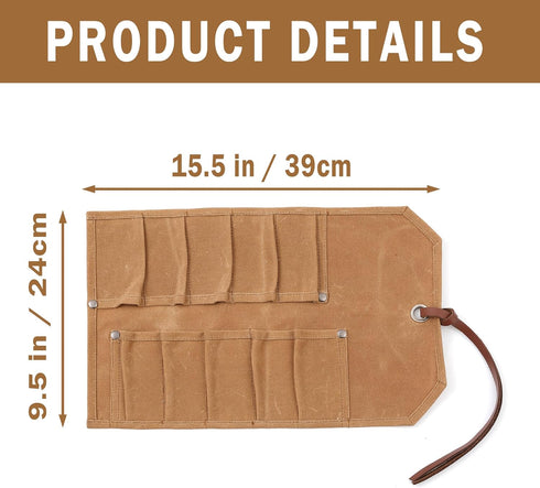Wrench Roll Up Bag, 16oz Waxed Canvas Tool Carrier Pouch with 10 Slots, Tool Storage Roll with Tie Rope, Khaki