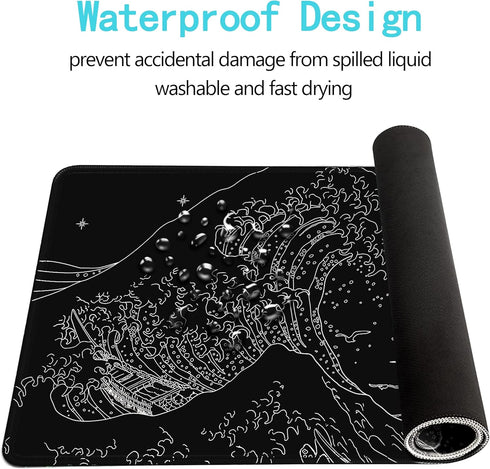 Black Gaming Laptop Mouse Pad, Sea Wave Big Mice Pads, Waterproof Non-Slip 31.5 x 11.8 inches, Kanagawa Surfing Mouse