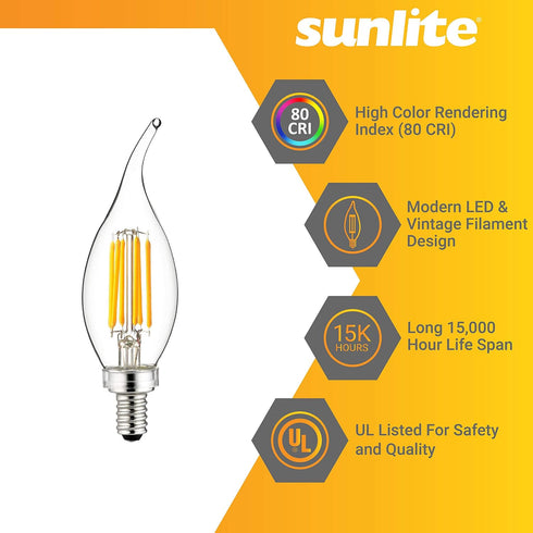 CA11 Bulb, 5 (60W 600 (E12), Dimmable, 2700K 1 Count Sunlite LED Filament Flame Tip Chandelier Light Watts Equivalent)