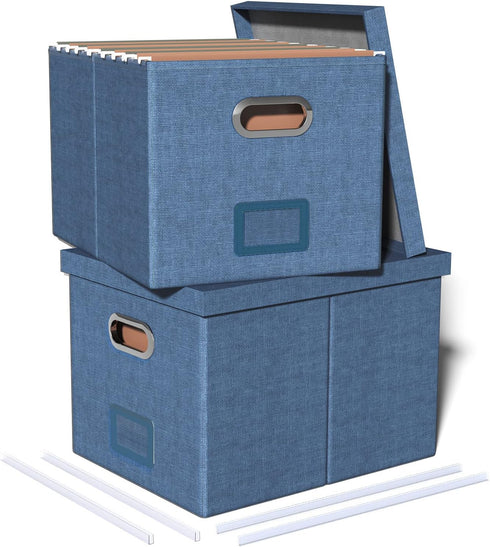 Portable File Storage Organizer Box - 2 Pack with Lid, Dark Blue, Fits Letter/Legal File Folder Storage