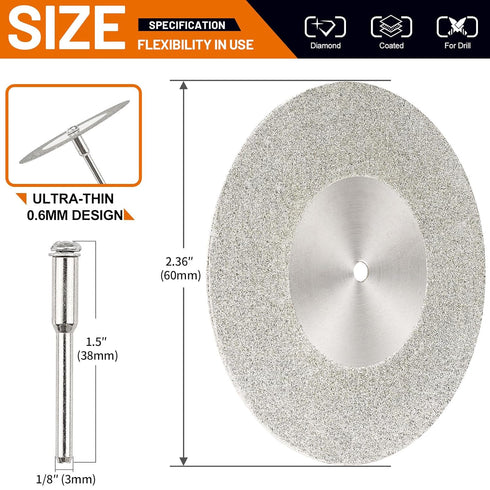5Pcs 60mm Diamond Cutting Disc Cut Off Wheels with 5Pcs Mandrel 1/8'' Shank Stone Blade for Rotary Tool Drill Attachment Cutting Discs Polishing Glass Tiles Marble Plastic Jade (2.36in)