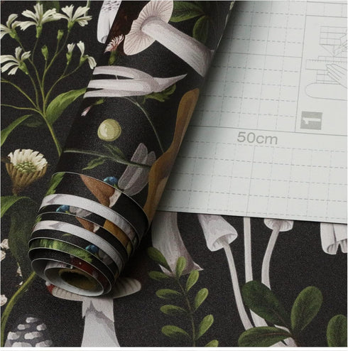 HAOKHOME 93279 Peel and Stick Boho Mushroom Wallpaper for Bathroom, Black/Brown/Green 17.7in x 9.8ft