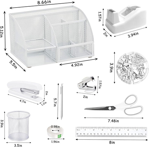White Office Desk Accessories, 12pcs Organizers with Tape Dispenser, Stapler, Scissors, Ruler, Sticky Tabs, Clips Set