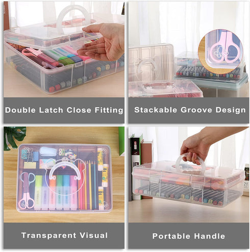 BTSKY 2-Tier Cute Bear Storage Box with Removable Divided Tray, Portable Clear Plastic Art Craft Supply Organizer (Pink)