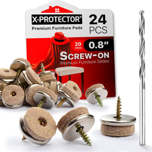 X-Protector Screw-On Felt Pads – 24 Premium Chair Glides for Hardwood Floors 0.8" – Beige Floor Protectors