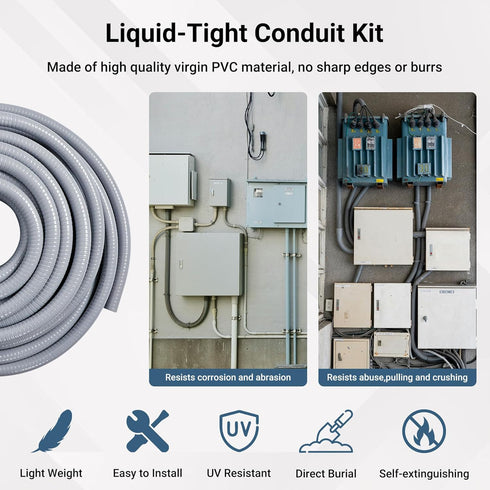 Neoaider 3/4 Inch 25FT 5 5 Liquid Tight Conduit and Connector Kit, Flexible Non Metallic Electrical Conduit