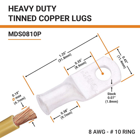SELTERM 2pcs 8 AWG #10 Stud Tinned Copper Wire Lugs, Battery Lugs, Ring Terminals, UL Marine Grade Electrical Battery