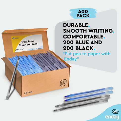 Enday Bulk Pens, 400 Count Black & Blue Ballpoint Pens, Medium Point (1.0mm), Flexible Round Barrel for Comfort