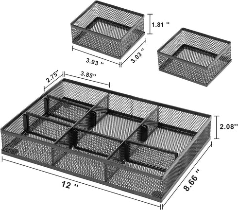 Marbrasse 3 Packs Desk Drawer Organizers, Tray with 9 Adjustable Compartments for Makeup & Office Supplies (2Pack-Black)