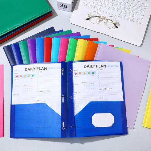 Cholemy 36 Pcs Plastic Pocket Folders with Prong - 2 Heavy Duty Pockets Folders with 3 Prongs Letter Size Paper Folders