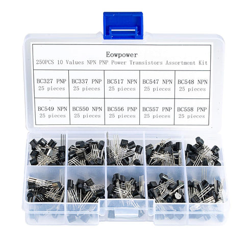 Eowpower 250 Pieces NPN PNP Power Transistors Assortment Kit, 10 Values - BC327, BC337, BC517, BC547, BC548, BC549,