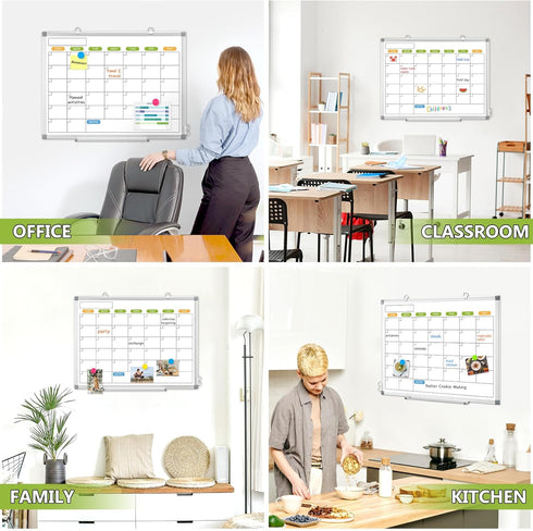 Magnetic Dry Erase Calendar Whiteboard - 24" x 18" Monthly Calendar, Wall Hanging Silver Aluminum Frame for Planning