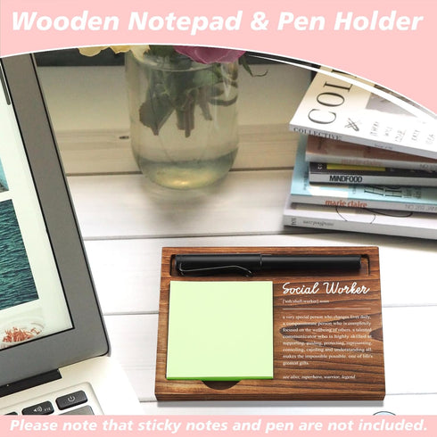 Social Worker Sticky Note Holder, Wooden Notepad & Pen Holder, 6.5" x 4.7" for Desk Appreciation Gifts, NPA234