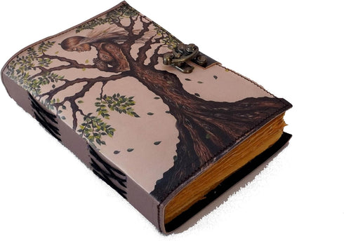 Handmade Leather Mother of Earth Journal – Tree of Life Design, Unique Printed Leather Bound Book with Lock Clasp