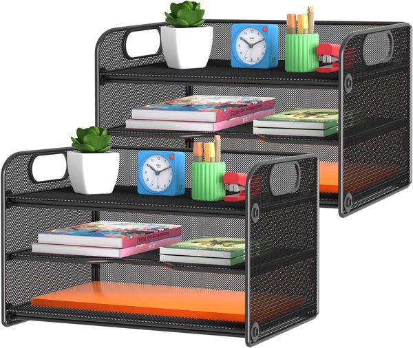 samstar 2 Pack 3 Tier Letter Tray Paper Organizer - Mesh Desk Organizer Paper Sorter File Rack Shelves, Black