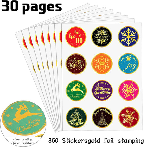 Clabby 360 Pieces Merry Christmas Stickers, 2 Inch Gold Snowflake Adhesive Labels for Xmas Cards, Gift Envelopes, Party