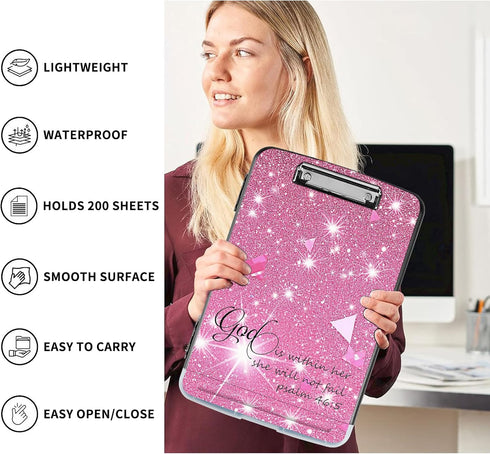 Clipboard with Storage, Heavy Duty Plastic Clipboard Case Box with Pen Holder, School Office Supplies, Pink Glitter