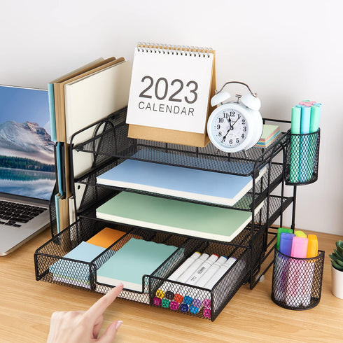 gianotter 4-Tier Desk Organizer with Drawers, File Holders, and Pen Holders for Office Supplies, Black