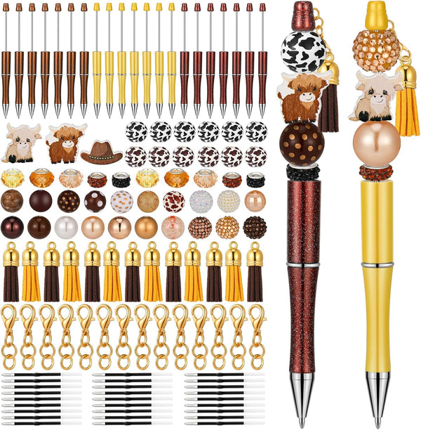 Yeaqee 24 Sets/142 Pcs Bulk Highland Cow Beadable Pens with 60 Assorted Colors Beads DIY Making Kit for Kids Office