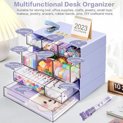 Desk Storage Organizer with 9 Drawers, FODIENS 4 Tiers Stackable Desktop Craft Storage Drawers for Makeup Jewelry