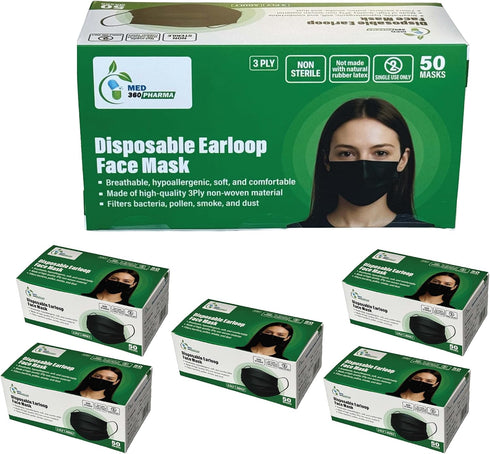 300 Pack Black 3 Ply Disposable Face Mask, Breathable Non Woven Layers