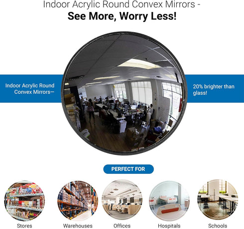 12” Acrylic Indoor Convex Mirror with Plastic Back, Round Security Mirror for Garage, Store Safety