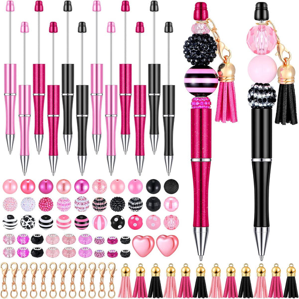 Tinlade 12 Pieces Beadable Pens Bulk, DIY Making Kit with 50 Assorted Colors Beads, Black Ink for Women Kids