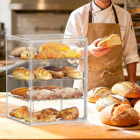 Awelov Countertop, 4 Bread Box for Kitchen Layers Pastry Display Case with Magnetic Door, Adjustable Clear Bread