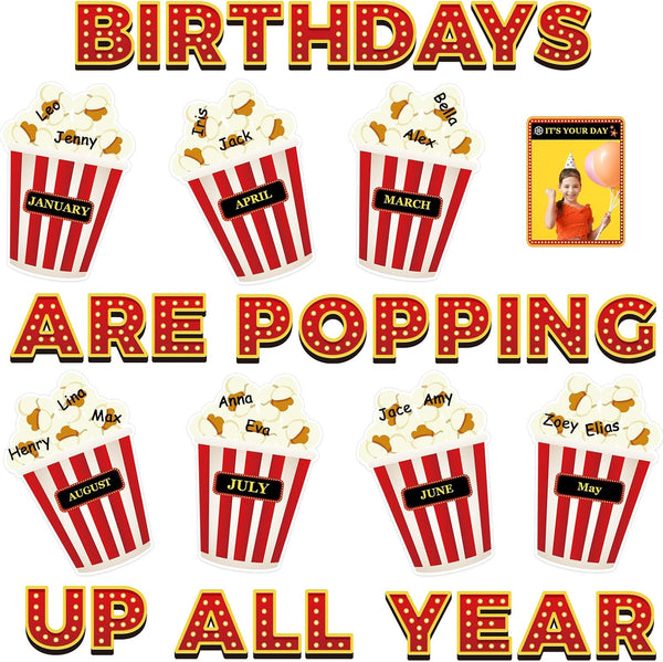 Loneliness 66PCS Popcorn Birthday Bulletin Board Set, DIY Photo Crafts Cutouts for Kindergarten Classroom Office Decor